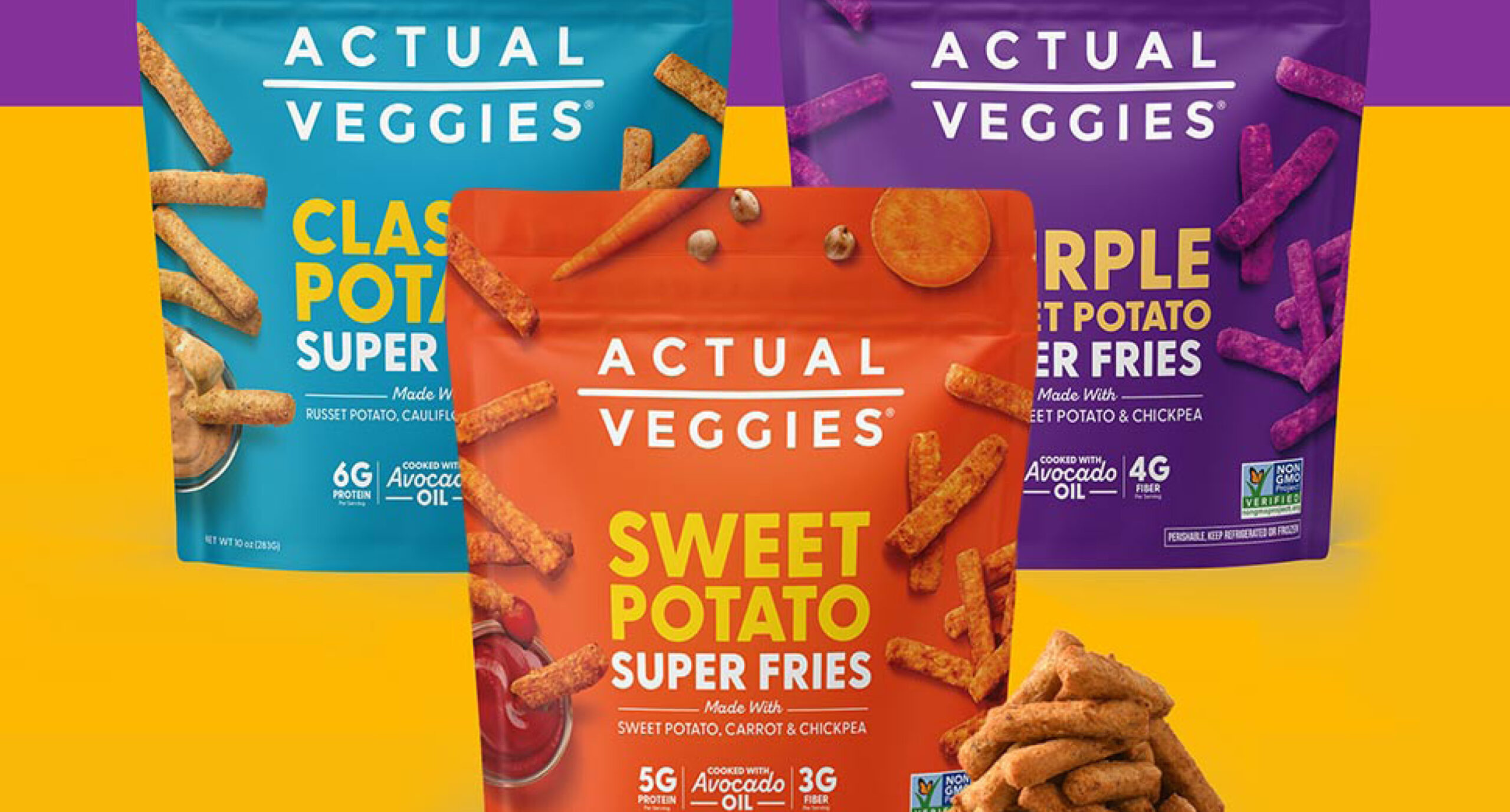 Three colorful bags of Actual Veggies Super Fries—Classic Potato, Sweet Potato, and Purple Sweet Potato—stand upright as part of our New Arrivals, with a pile of fries in front of the Sweet Potato bag against a yellow and purple background.