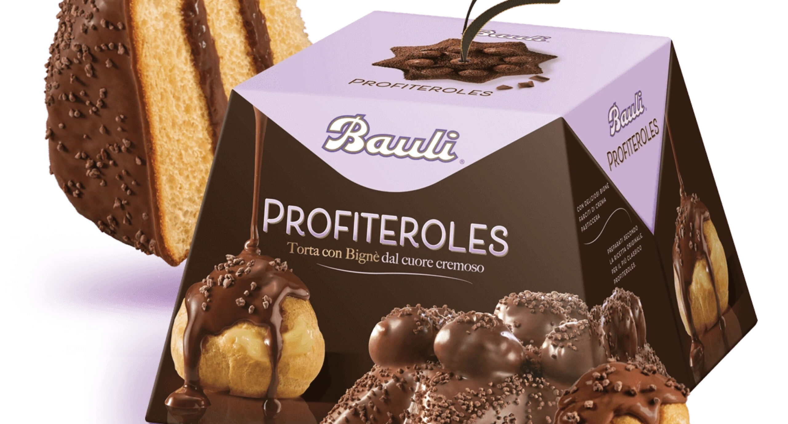 A Bauli Profiteroles cake box from the New Arrivals collection, featuring an image of the cake topped with profiteroles and covered in chocolate, with a slice cut out to reveal its creamy interior.