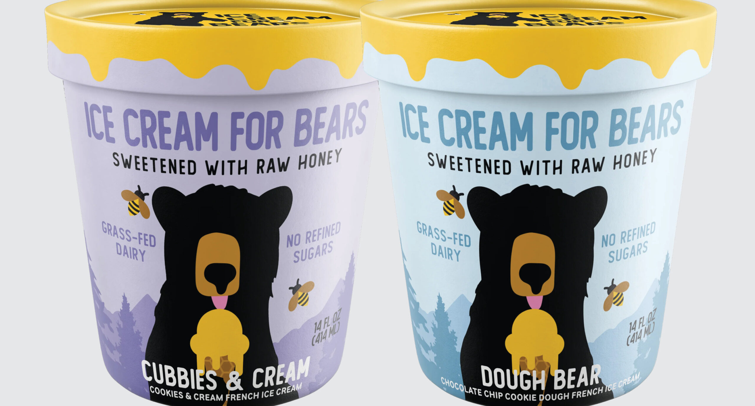 Discover our new arrivals: Ice Cream for Bears, sweetened with raw honey. Each tub features a bear illustration, bees, and labels for Grass-Fed Dairy and No Refined Sugars. Flavors include Cubbies & Cream and Dough Bear.
