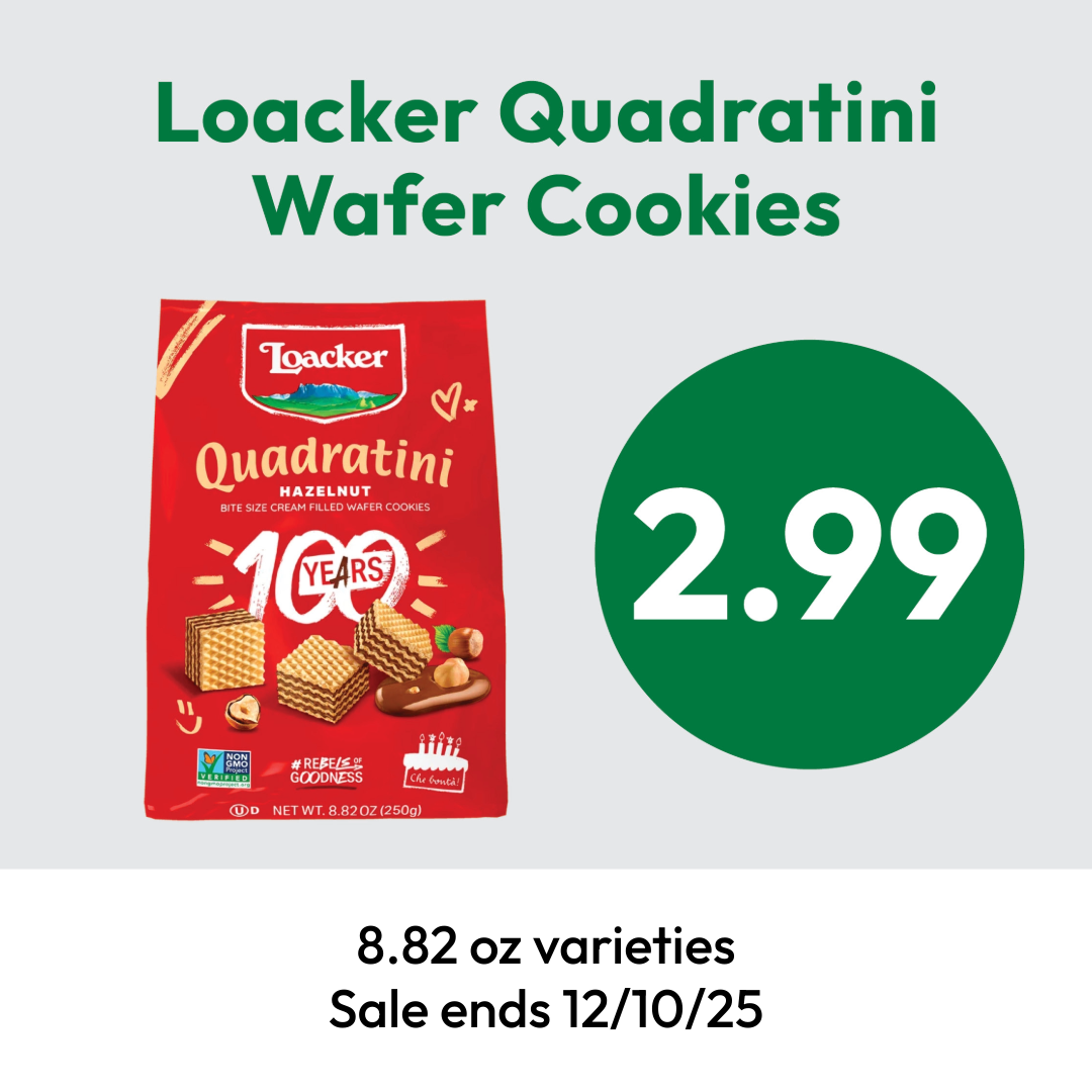 A red bag of Loacker Quadratini Hazelnut Wafer Cookies is shown next to a green circle with the $2.99 sale price. Text below states 8.82 oz varieties. Enjoy delicious deals—sale ends 12/10/25.