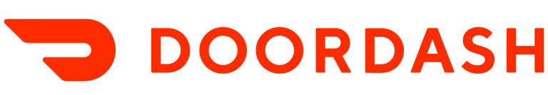 The DoorDash logo features a bold, red stylized wing icon to the left of the word DOORDASH in uppercase red letters, symbolizing fast online grocery and grocery delivery services on a transparent background.