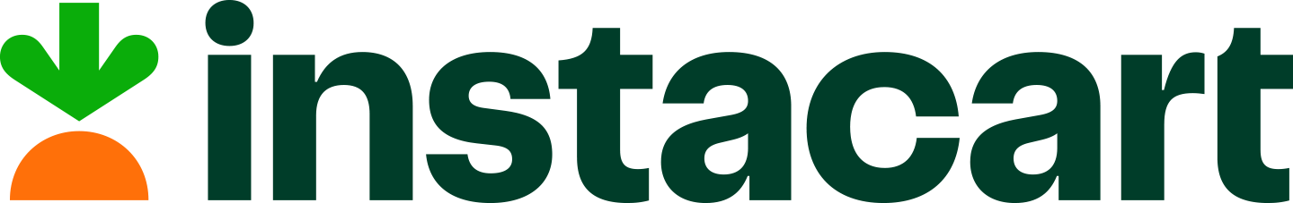 Instacart logo featuring a green and orange carrot graphic to the left of the word instacart in bold, dark green lowercase letters on a transparent background, representing convenient grocery ordering.
