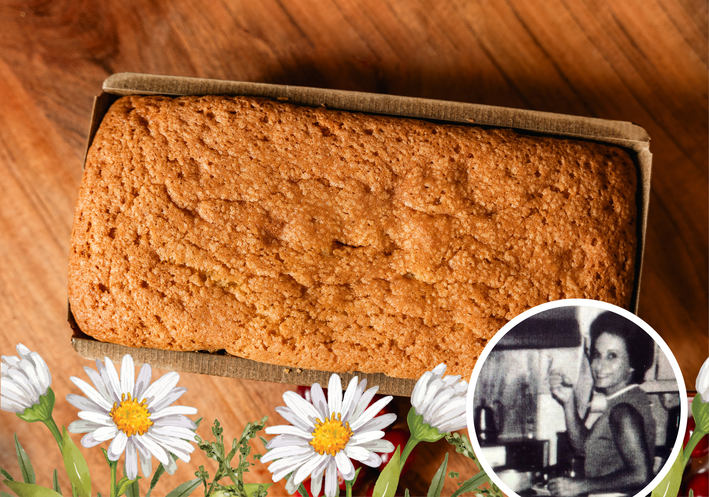 A golden-brown loaf of Joan Milam’s famous pound cake sits in a paper baking tray on a wooden surface, decorated with white daisies. In the corner, a small black-and-white photo shows a woman in a kitchen, smiling and holding a utensil.